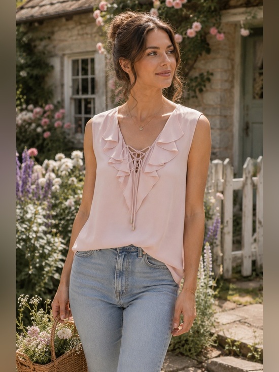Violet & Claire Tops - Violet + Claire Blush Pink Ruffle Lace-Up Sleeveless Blouse Medium